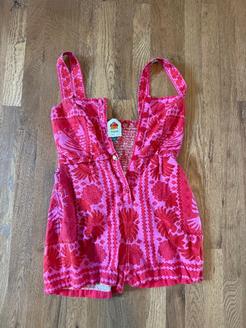 Farm Rio Jungle Scarf Pink and Red Romper (no belt)